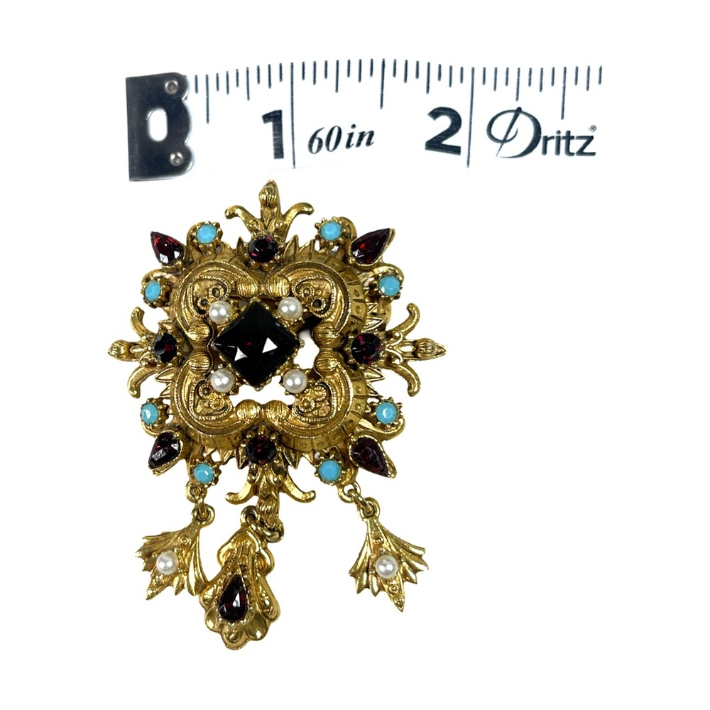 Vintage Florenza Gold and Red Filigree Victorian Brooch - Picture 8 of 9